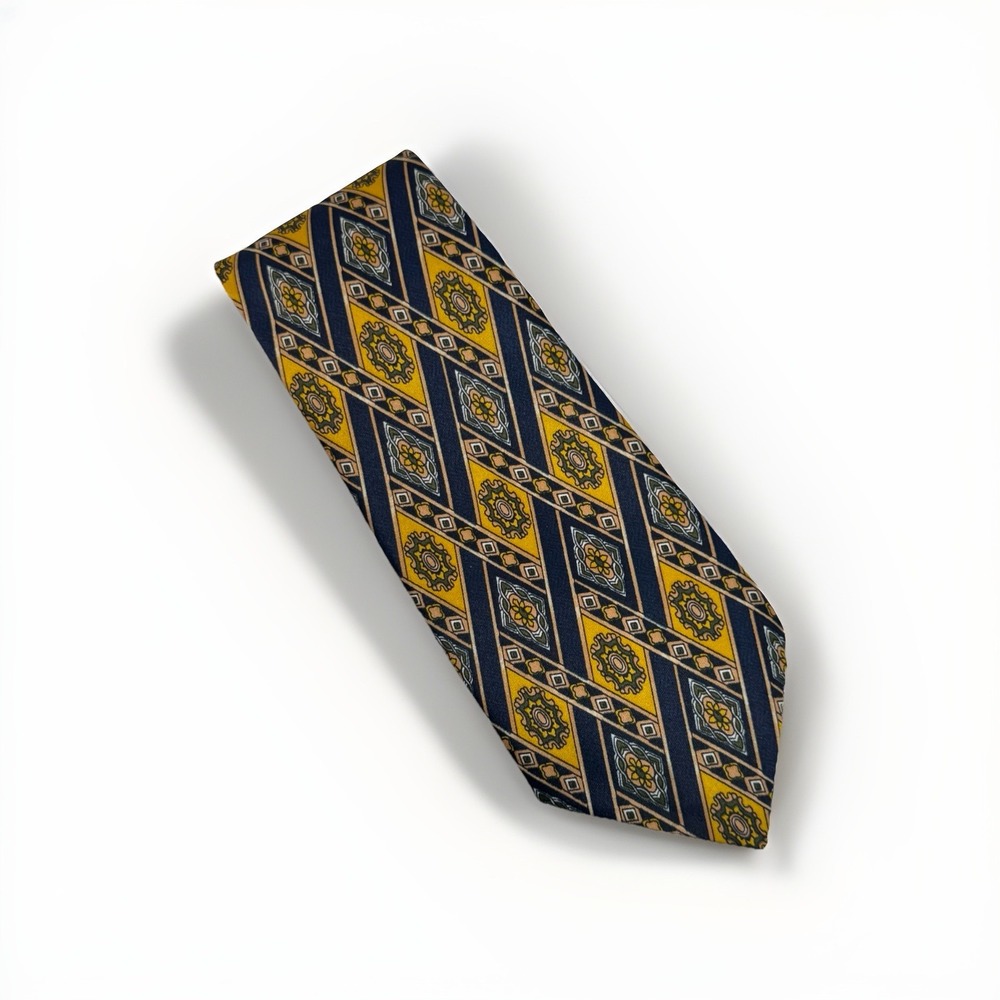 Guido Vietri‎ Necktie Mens Blue Yellow Geometric Diamond Medallion Preppy Retro